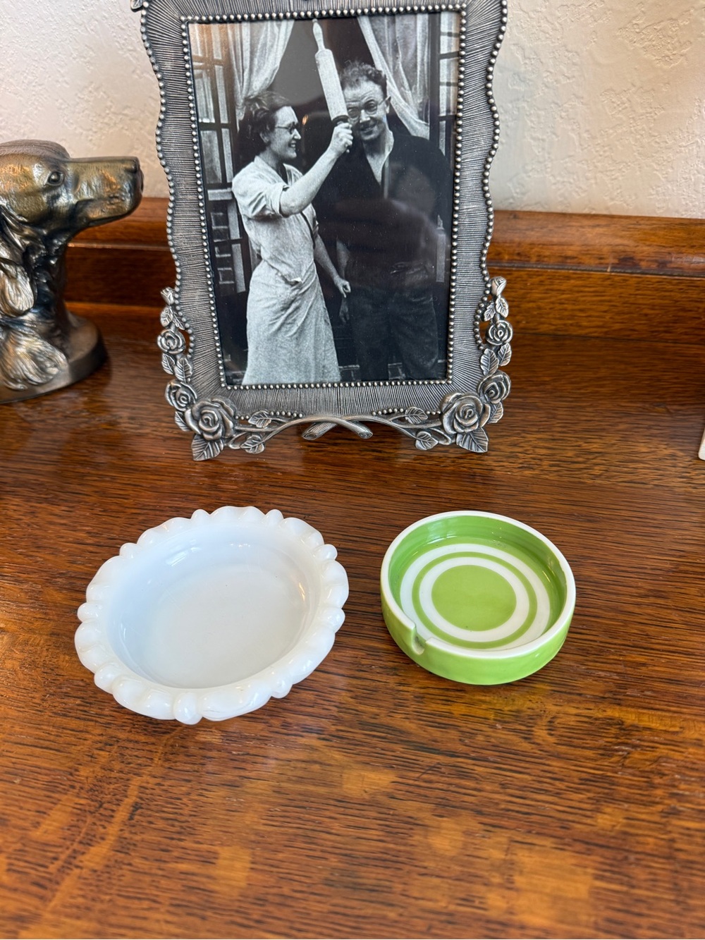 Vintage Milk Glass Dish & Green Striped Ceramic Ashtray – Trinket Dish